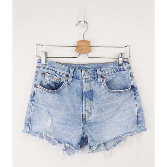Levi's 501 High Rise Shorts Distressed Stretch Denim Button Fly Tango Light Wash - Picture 3 of 7
